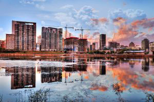 2020 Downtown Montreal Cityscape with Water Reflection - stock photos and royalty-free images