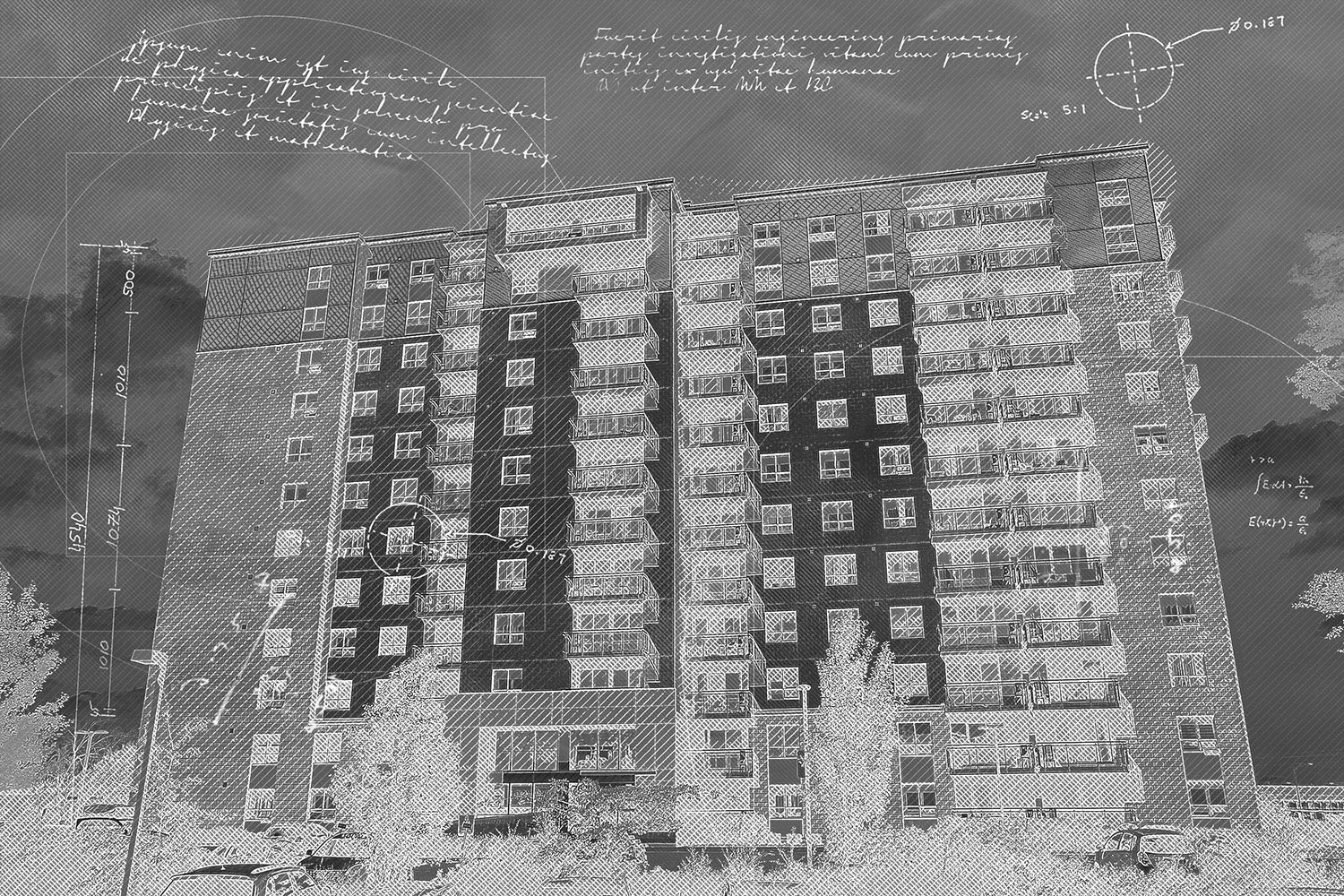 Mid-Rise Apartment Building Construction Black Blueprint Design Mid-Rise Apartment Building Construction Black Blueprint Design
